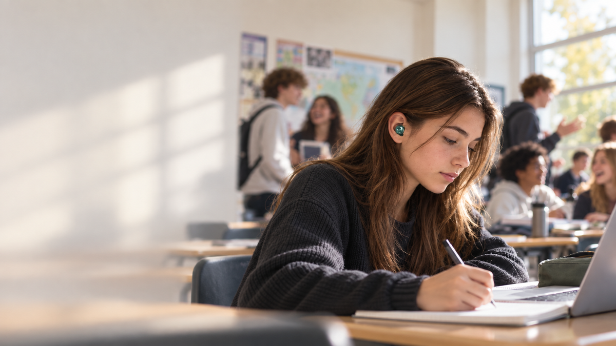 Elev skriver koncentrerat i ett klassrum med The Beat One i örat