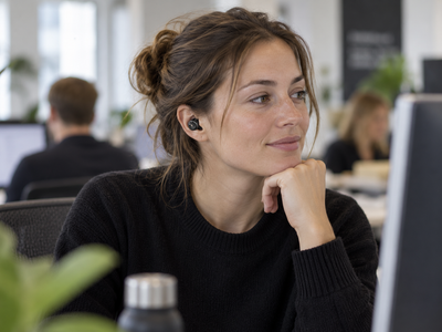 Kvinna på öppet kontor med The Beat One i örat